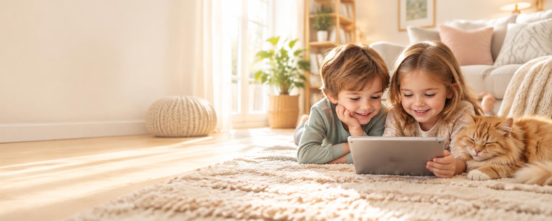 Happy kids watching videos on a tablet with their cat